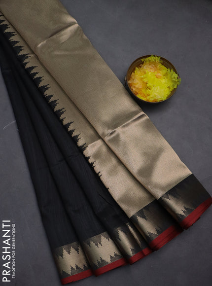 Semi dupion saree black and maroon with plain body and temple design zari woven border