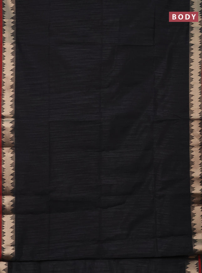 Semi dupion saree black and maroon with plain body and temple design zari woven border