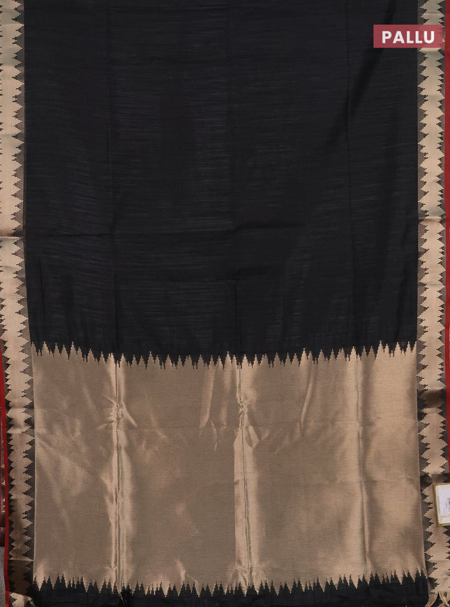 Semi dupion saree black and maroon with plain body and temple design zari woven border