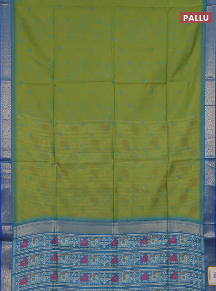 Semi dupion saree light green and cs blue with allover thread woven buttas and ikat woven pallu