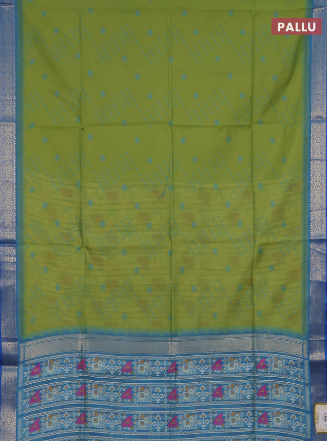 Semi dupion saree light green and cs blue with allover thread woven buttas and ikat woven pallu