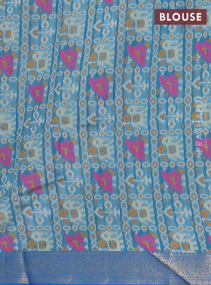 Semi dupion saree light green and cs blue with allover thread woven buttas and ikat woven pallu