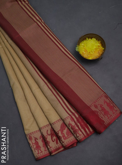 Semi dupion saree beige and maroon with allover stripe pattern and thread woven border