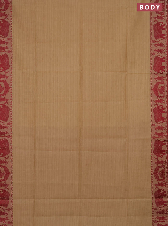 Semi dupion saree beige and maroon with allover stripe pattern and thread woven border