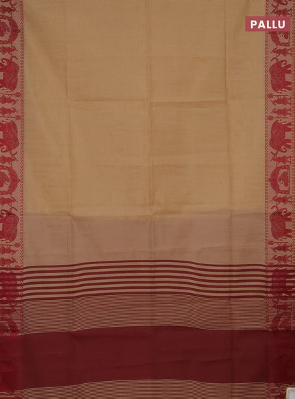 Semi dupion saree beige and maroon with allover stripe pattern and thread woven border