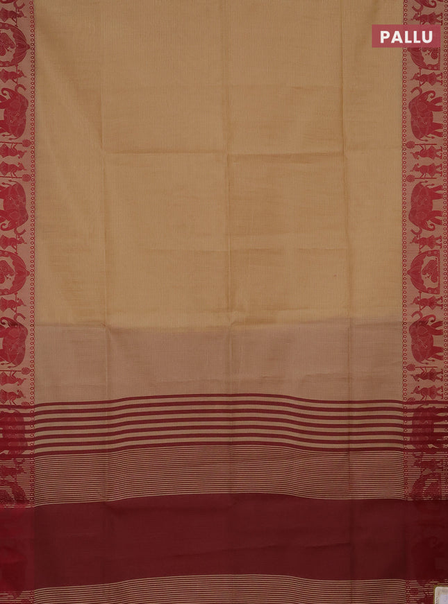 Semi dupion saree beige and maroon with allover stripe pattern and thread woven border