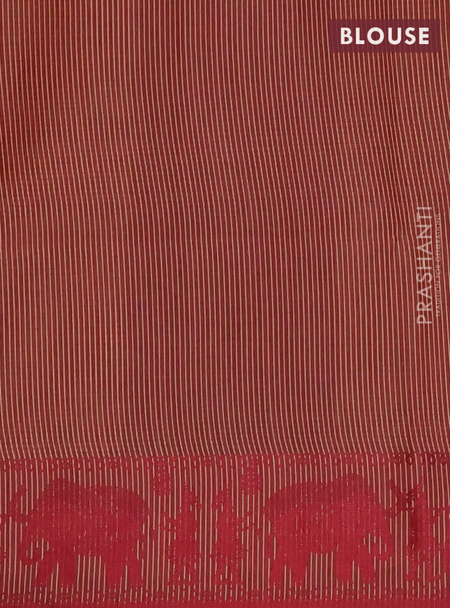 Semi dupion saree beige and maroon with allover stripe pattern and thread woven border