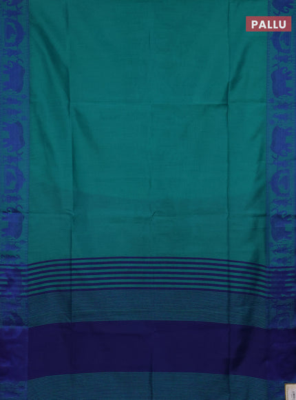 Semi dupion saree teal green and blue with allover stripe pattern and thread woven border