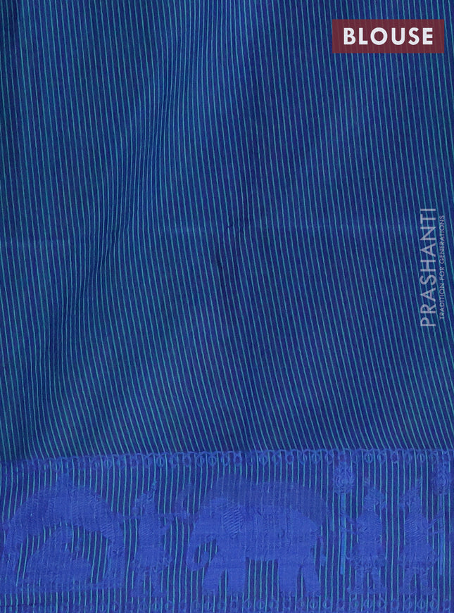 Semi dupion saree teal green and blue with allover stripe pattern and thread woven border