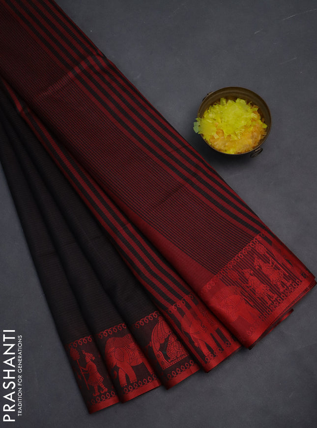 Semi dupion saree black and maroon with allover stripe pattern and thread woven border