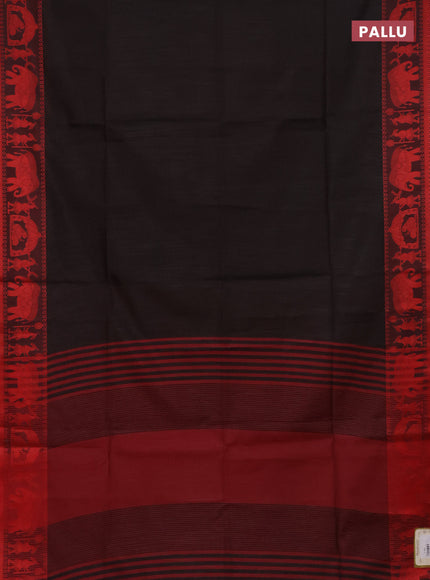 Semi dupion saree black and maroon with allover stripe pattern and thread woven border