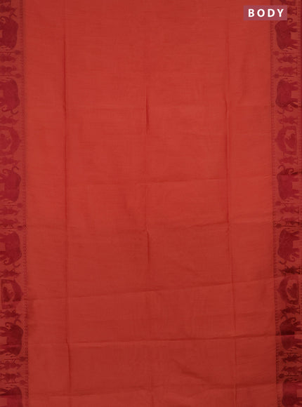 Semi dupion saree dark peach and maroon with allover stripe pattern and thread woven border