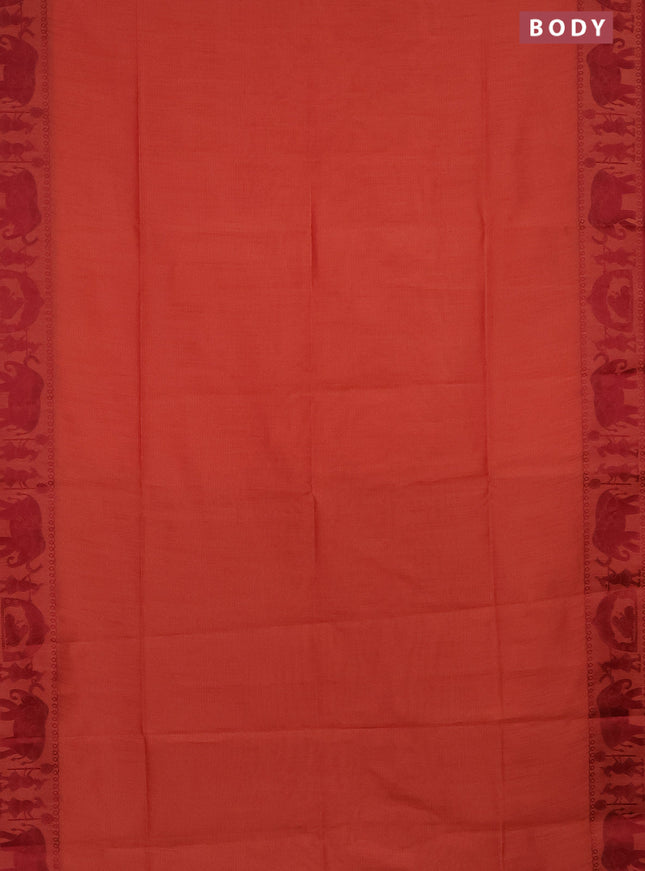 Semi dupion saree dark peach and maroon with allover stripe pattern and thread woven border