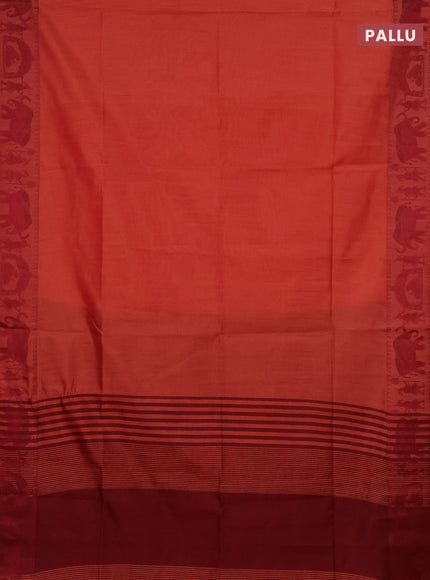 Semi dupion saree dark peach and maroon with allover stripe pattern and thread woven border