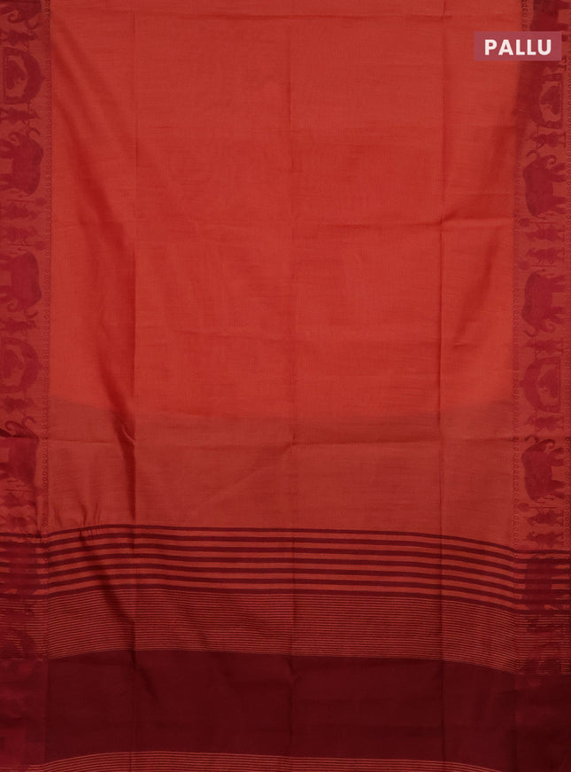 Semi dupion saree dark peach and maroon with allover stripe pattern and thread woven border