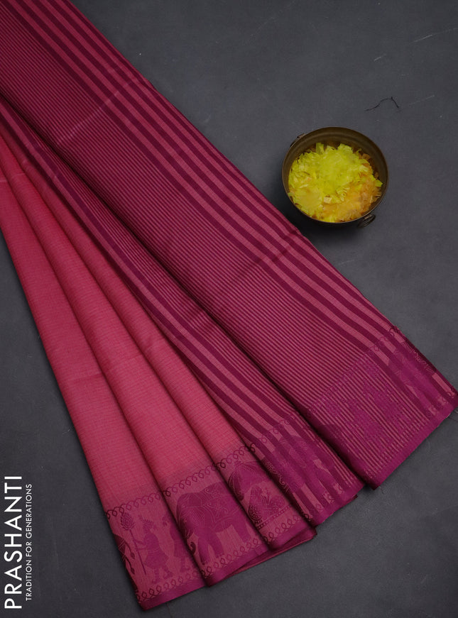 Semi dupion saree light pink and purple with allover stripe pattern and thread woven border