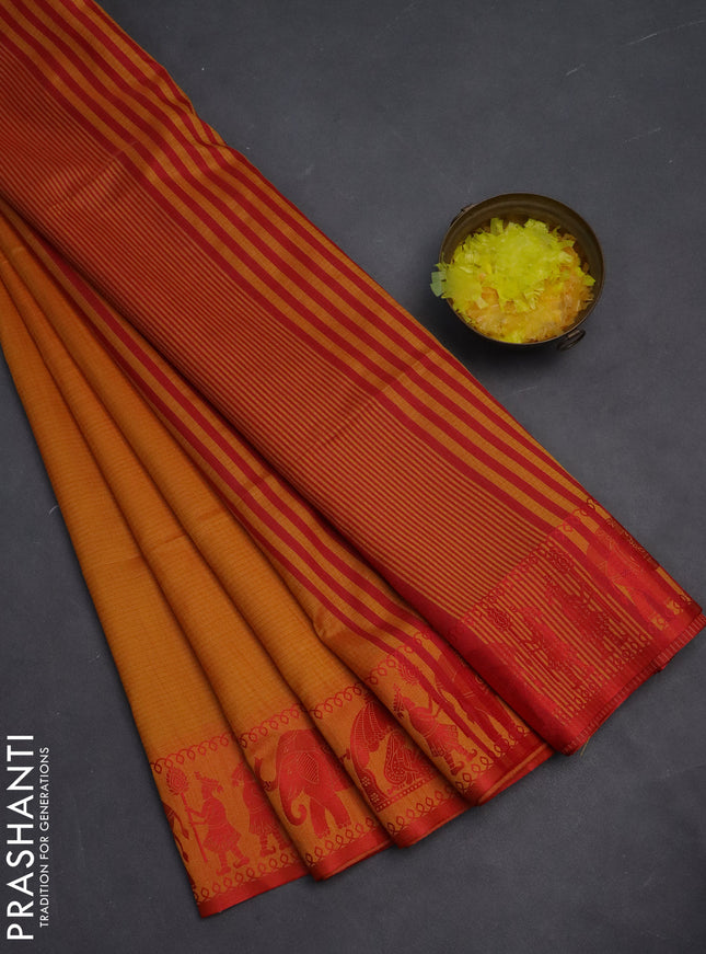 Semi dupion saree mango yellow and maroon with allover stripe pattern and thread woven border