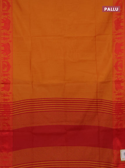 Semi dupion saree mango yellow and maroon with allover stripe pattern and thread woven border