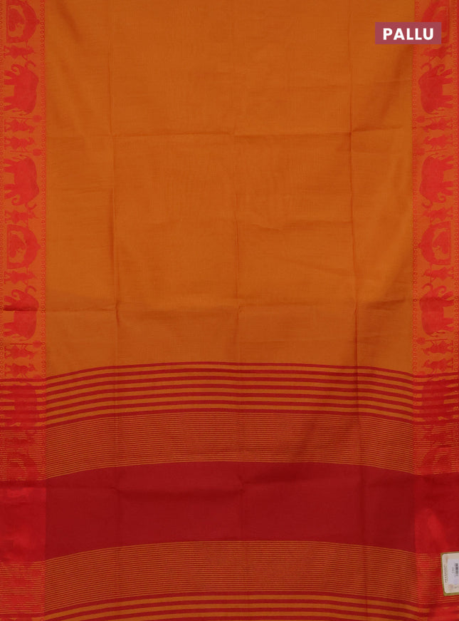 Semi dupion saree mango yellow and maroon with allover stripe pattern and thread woven border