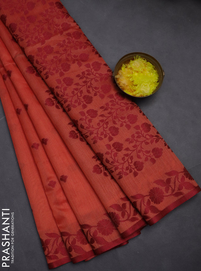 Semi dupion saree dark peach and maroon with thread woven buttas and thread woven border