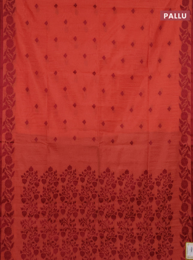 Semi dupion saree dark peach and maroon with thread woven buttas and thread woven border