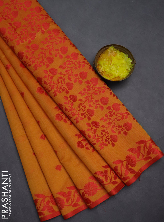 Semi dupion saree mango yellow and red with thread woven buttas and thread woven border