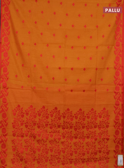 Semi dupion saree mango yellow and red with thread woven buttas and thread woven border