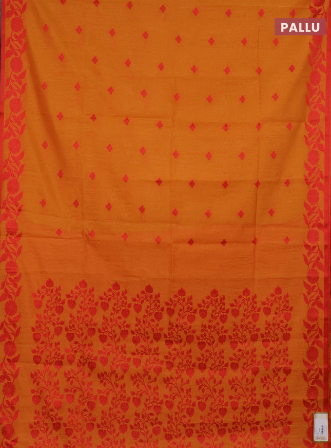 Semi dupion saree mango yellow and red with thread woven buttas and thread woven border