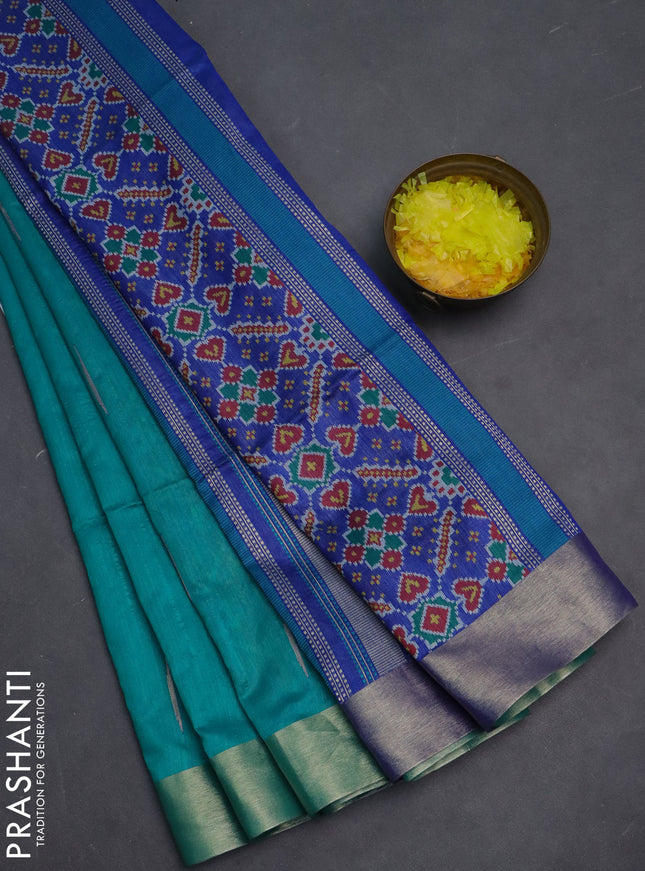 Semi dupion saree teal green shade and blue with zari woven buttas and ikat woven pallu