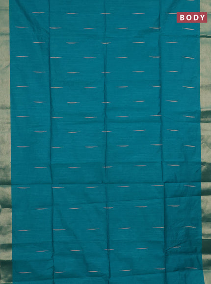 Semi dupion saree teal green shade and blue with zari woven buttas and ikat woven pallu