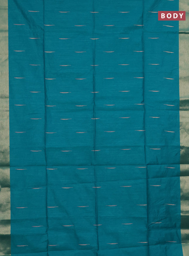 Semi dupion saree teal green shade and blue with zari woven buttas and ikat woven pallu