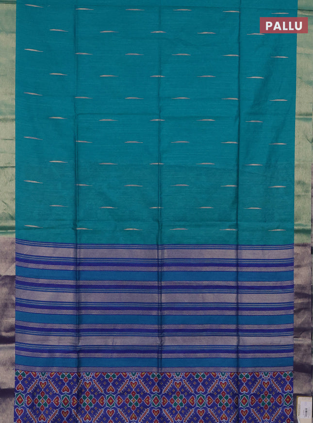 Semi dupion saree teal green shade and blue with zari woven buttas and ikat woven pallu
