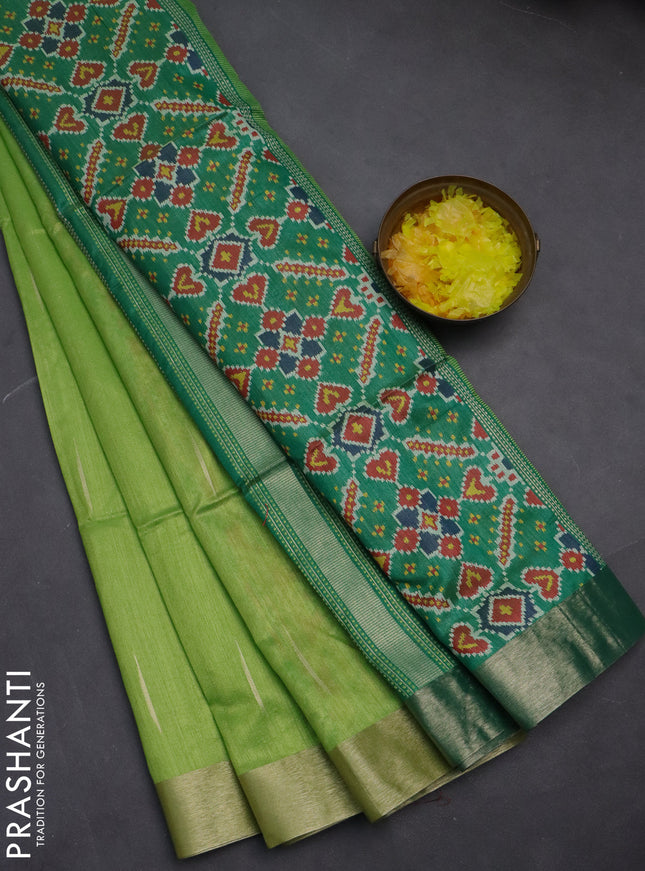 Semi dupion saree light green and green with zari woven buttas and ikat woven pallu