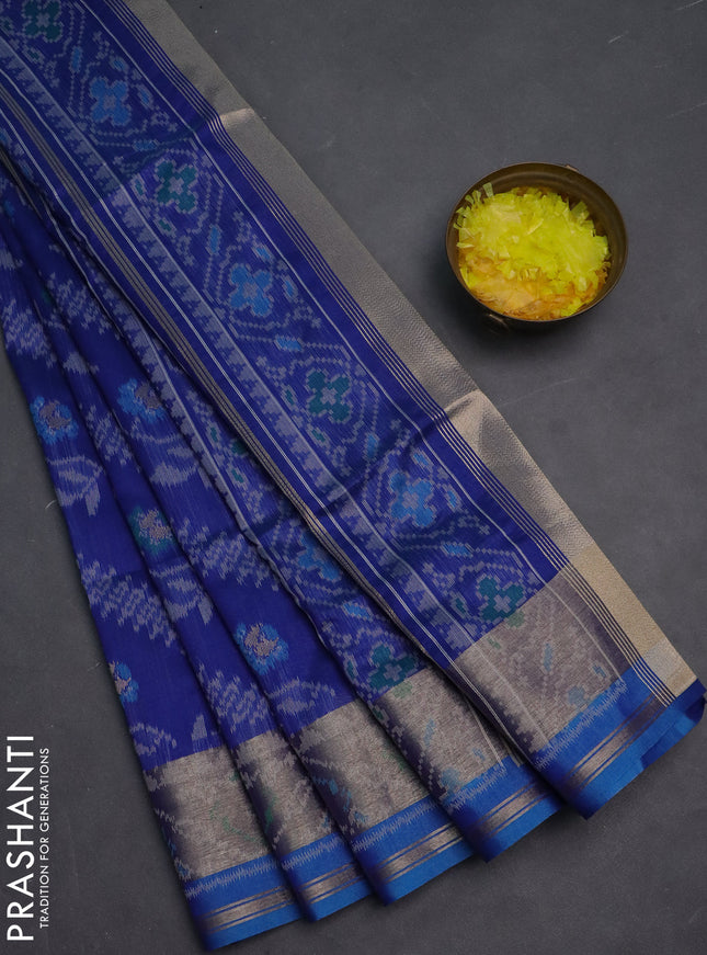 Semi dupion saree blue and cs blue with allover thread woven ikat weaves and zari woven border