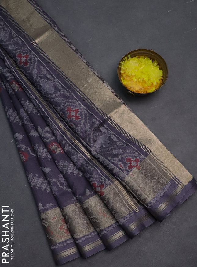 Semi dupion saree grey with allover thread woven ikat weaves and zari woven border
