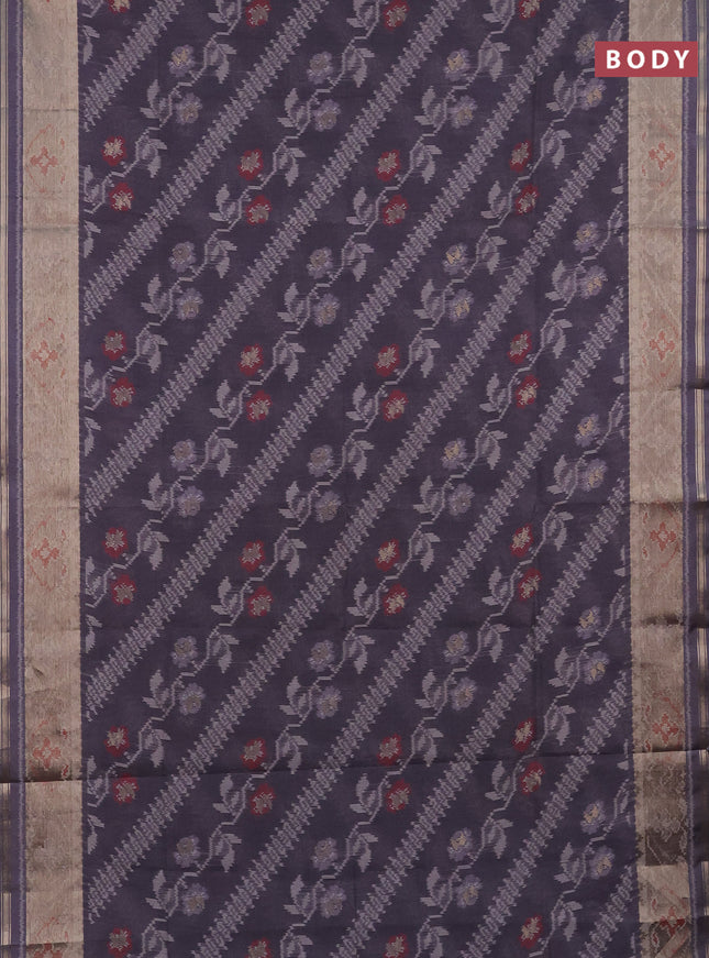 Semi dupion saree grey with allover thread woven ikat weaves and zari woven border