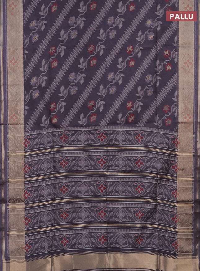 Semi dupion saree grey with allover thread woven ikat weaves and zari woven border