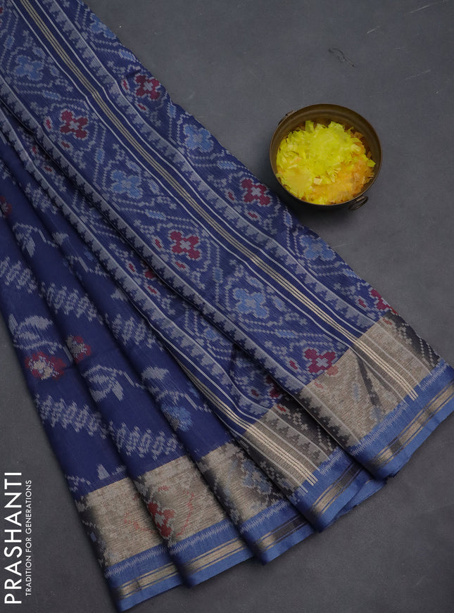 Semi dupion saree navy blue and blue shade with allover thread woven ikat weaves and zari woven border