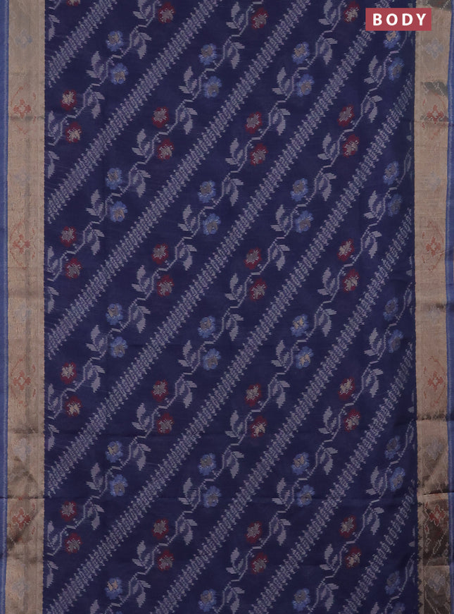Semi dupion saree navy blue and blue shade with allover thread woven ikat weaves and zari woven border
