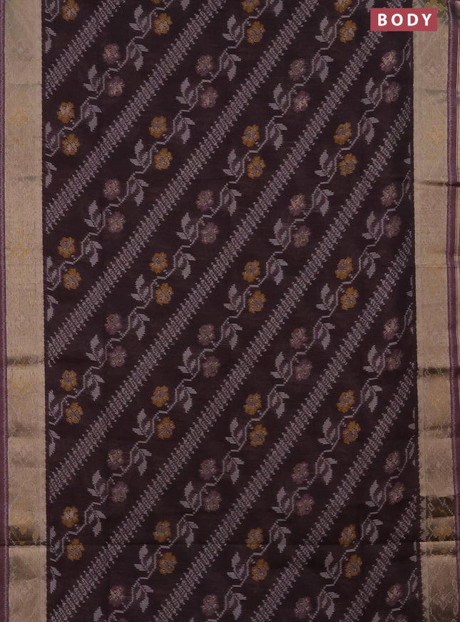 Semi dupion saree coffee brown and wine shade with allover thread woven ikat weaves and zari woven border