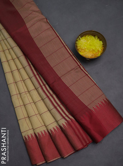 Semi dupion saree beige and maroon with allover checked pattern and temple design thread woven border
