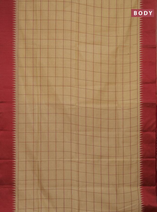 Semi dupion saree beige and maroon with allover checked pattern and temple design thread woven border