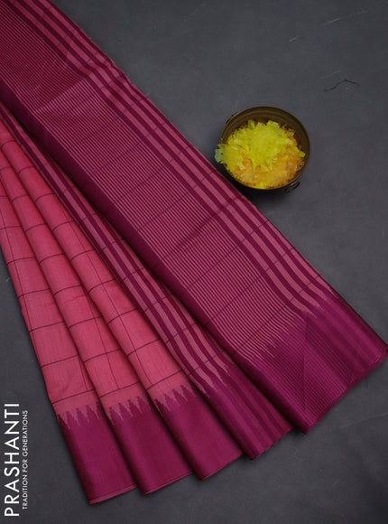 Semi dupion saree light pink and purple with allover checked pattern and temple design thread woven border