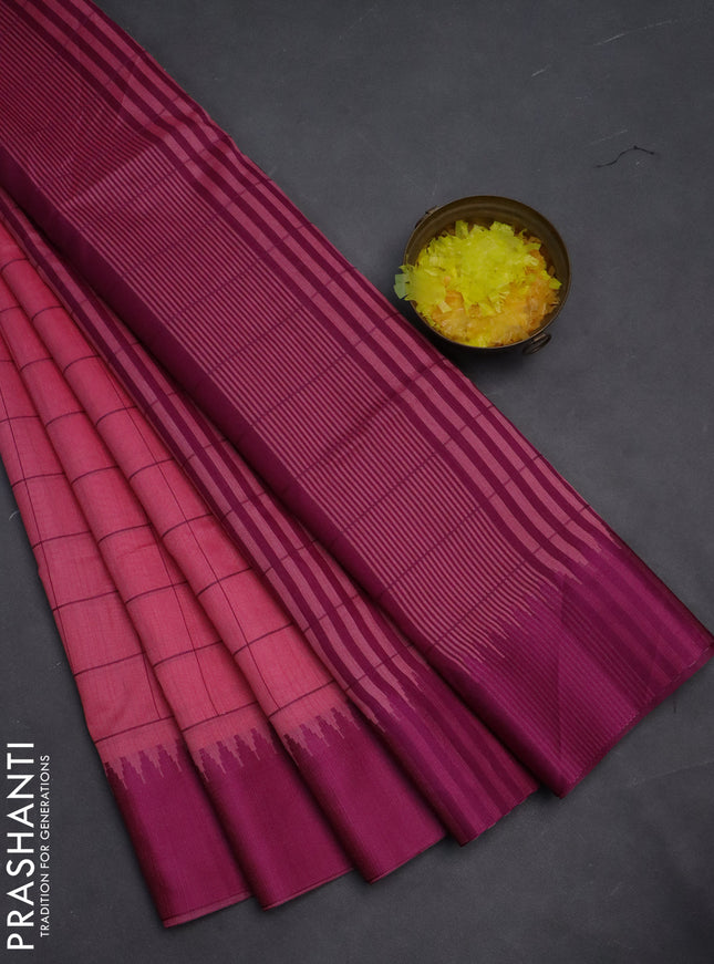 Semi dupion saree light pink and purple with allover checked pattern and temple design thread woven border