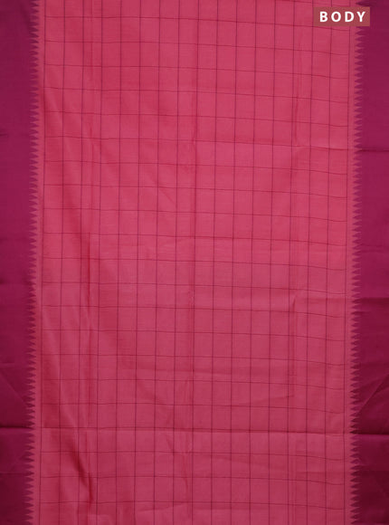 Semi dupion saree light pink and purple with allover checked pattern and temple design thread woven border