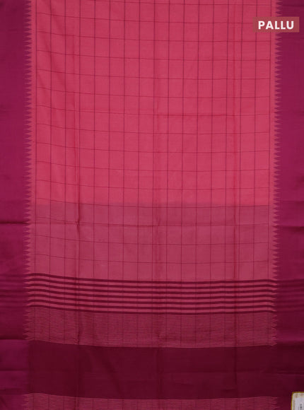 Semi dupion saree light pink and purple with allover checked pattern and temple design thread woven border