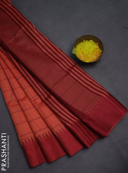 Semi dupion saree peach orange and maroon with allover checked pattern and temple design thread woven border