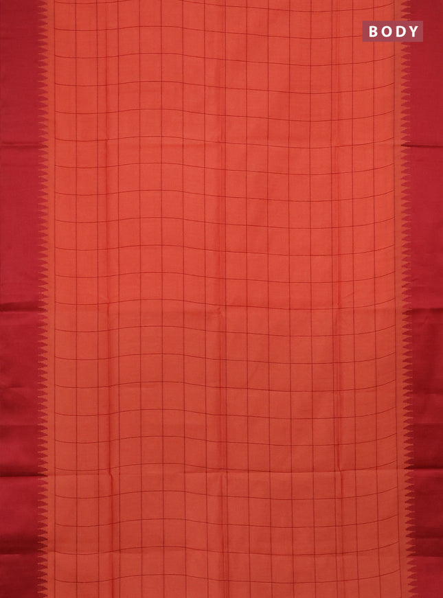 Semi dupion saree peach orange and maroon with allover checked pattern and temple design thread woven border