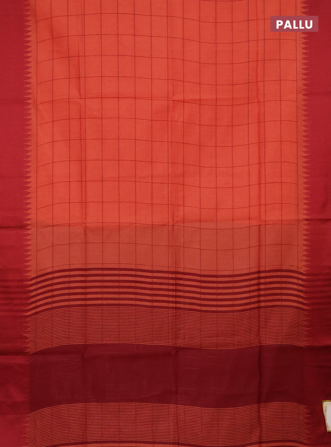 Semi dupion saree peach orange and maroon with allover checked pattern and temple design thread woven border