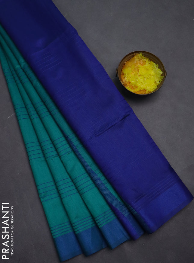 Semi dupion saree teal green and blue with allover thread stripe weaves and thread woven border